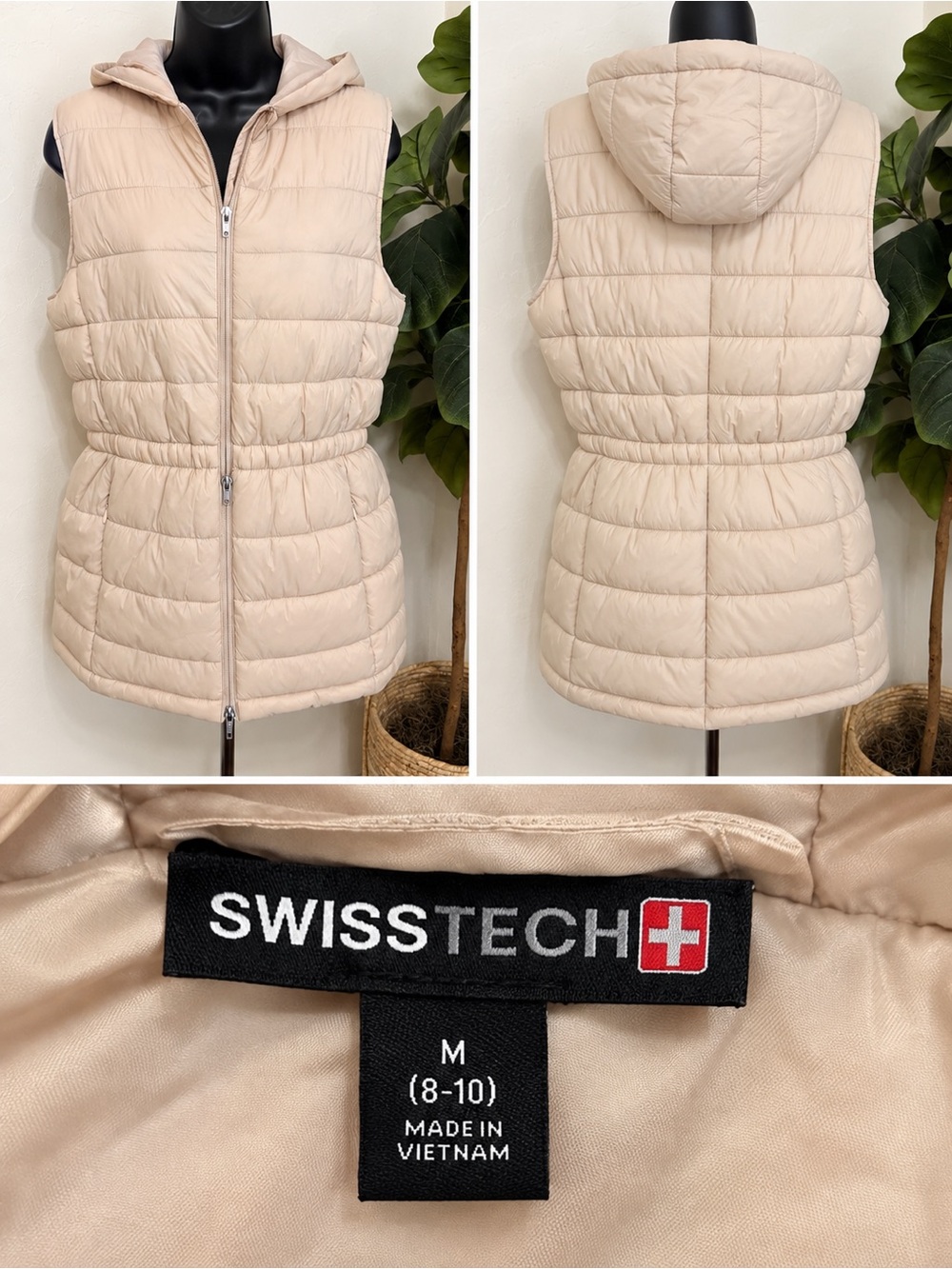 Swiss Tech Beige Quilted Hooded Puffer Vest
